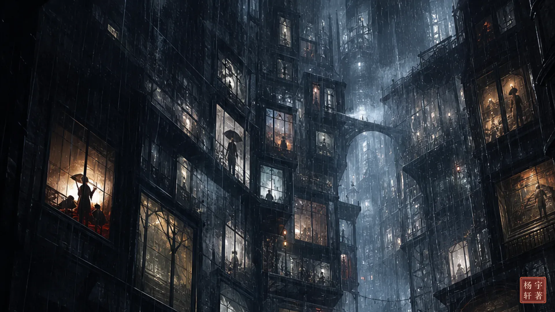 暴雨中的垂直城市与灯火倒影